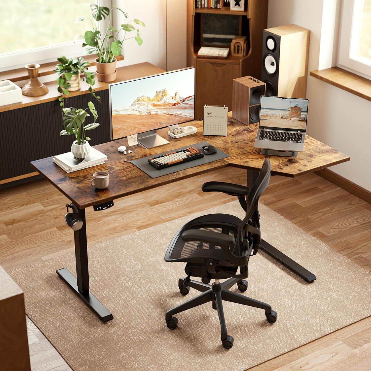 Electric Standing Desk, Height Adjustable Desk, 55 X 32 Inch Sit Stand up for Work Office Home, L Shaped Ergonomic Rising Computer Table with Memory Preset, Rustic Brown