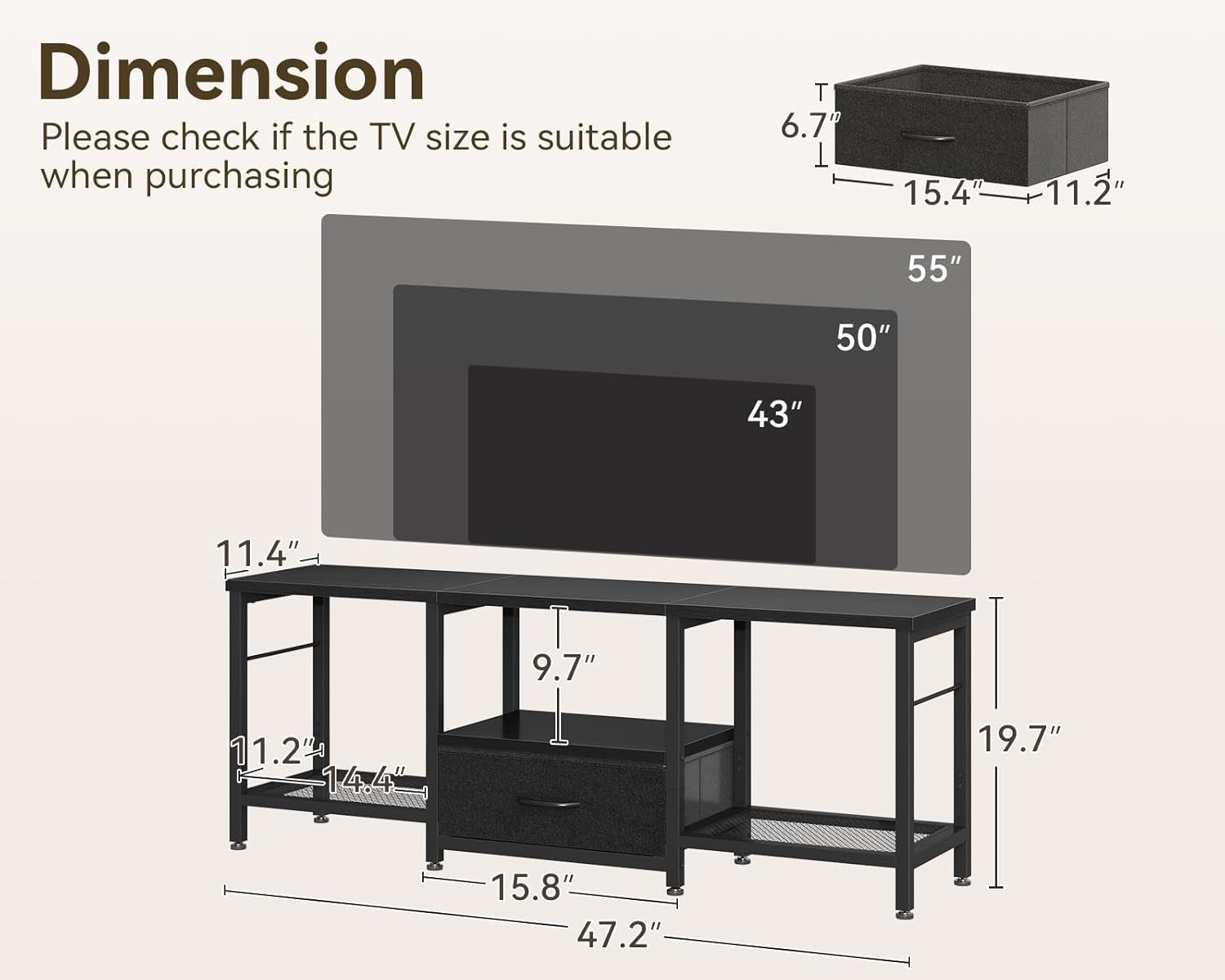 47" TV Stand with Open Storage Shelves for 43, 50 Inch TV, Entertainment Center with Fabric Drawers, TV Console Table with Soundbar Shelf TV Stand for Living Room Bedroom, Pure Black