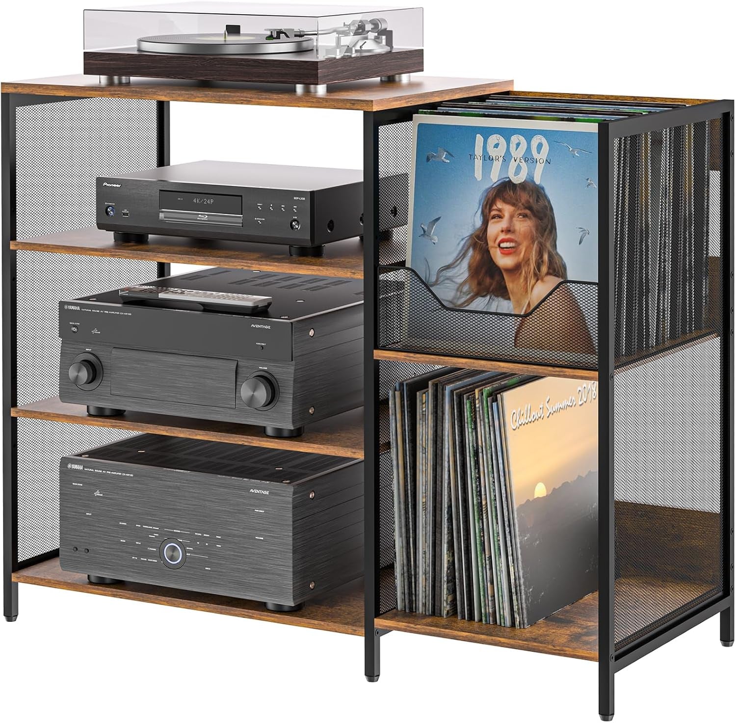 Large Record Player Stand Table with Vinyl Record Holder up to 150PCS, AV Media Stand Stereo Cabinet Shelf Rack Tower with Storage, Sturdy, Adjustable Feet, Rustic, Large Capacity
