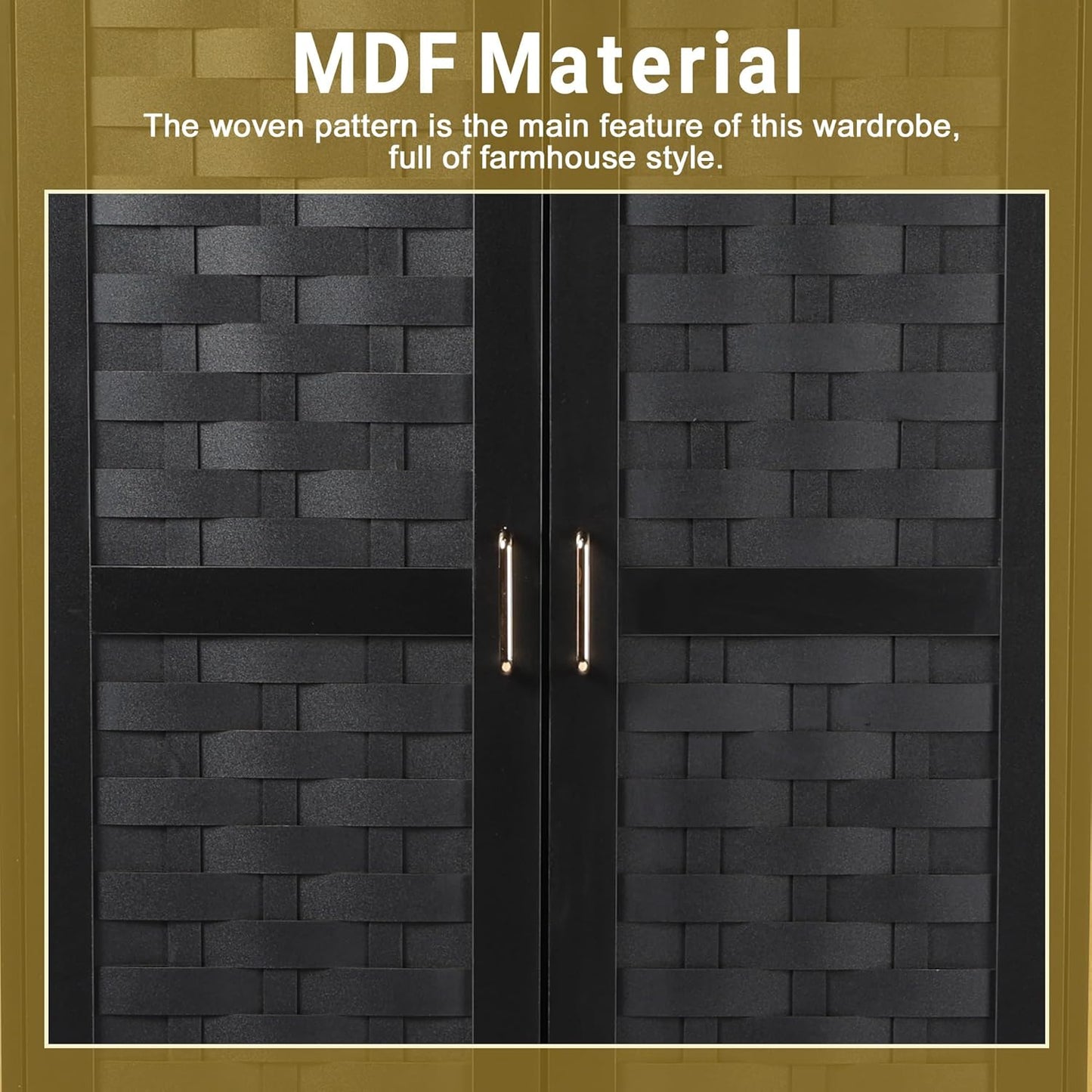 Armoire Wardrobe Closet with 2 Woven Doors, Wardrobe Cabinet with 2 Storage Drawers and Hanging Rail, Freestanding Wooden Closet for Bedroom (Black)