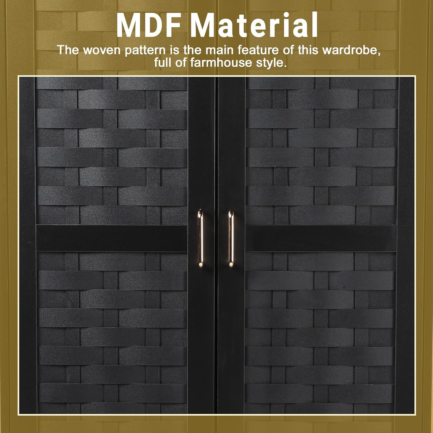 Armoire Wardrobe Closet with 2 Woven Doors, Wardrobe Cabinet with 2 Storage Drawers and Hanging Rail, Freestanding Wooden Closet for Bedroom (Black)