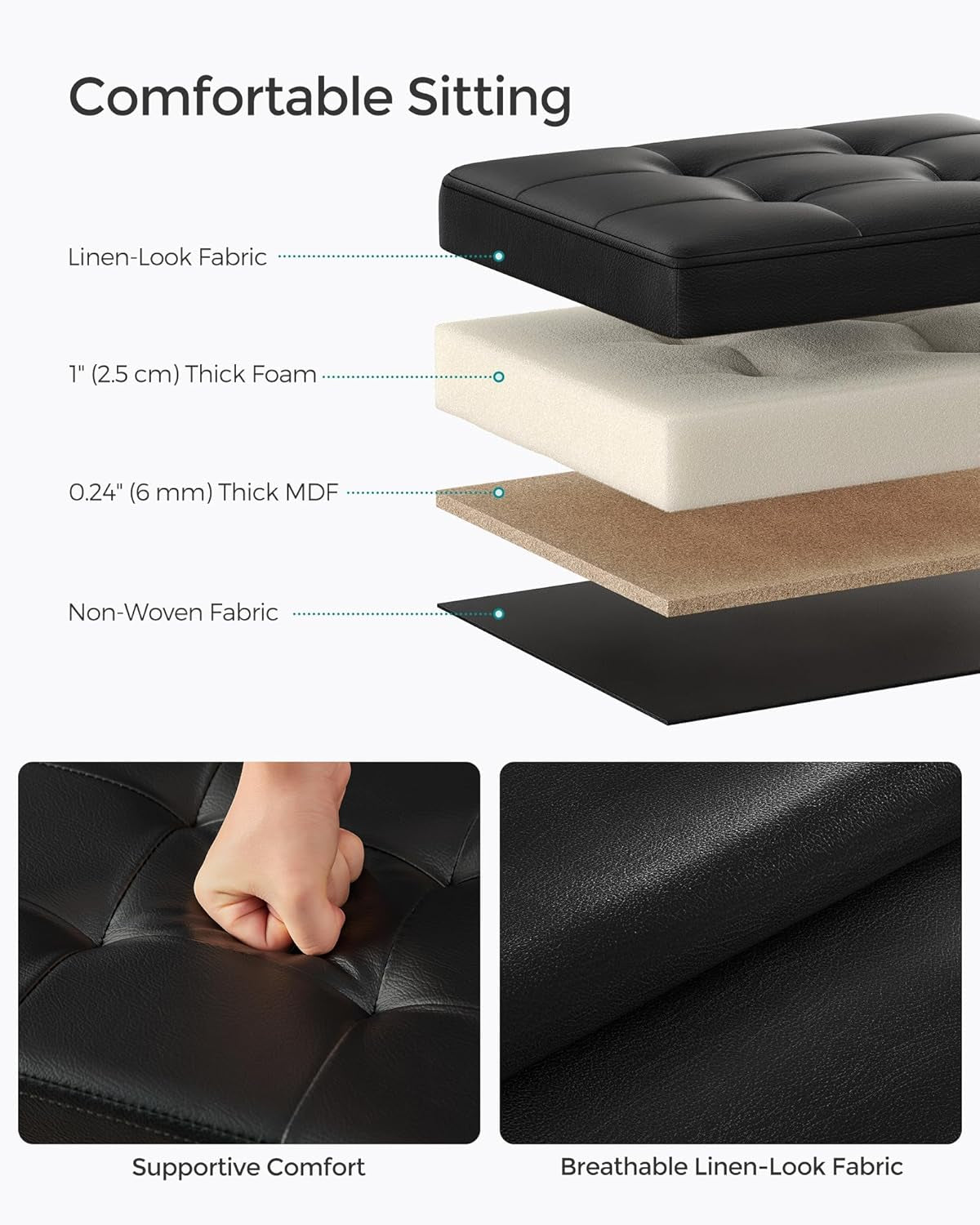 Small Folding Storage Ottoman, Foot Rest Stool, Cube Footrest, Synthetic Leather, 12.2 X 16.1 X 12.2 Inches, 286 Lb Capacity, for Living Room, Bedroom, Dorm, Ink Black ULSF100B01
