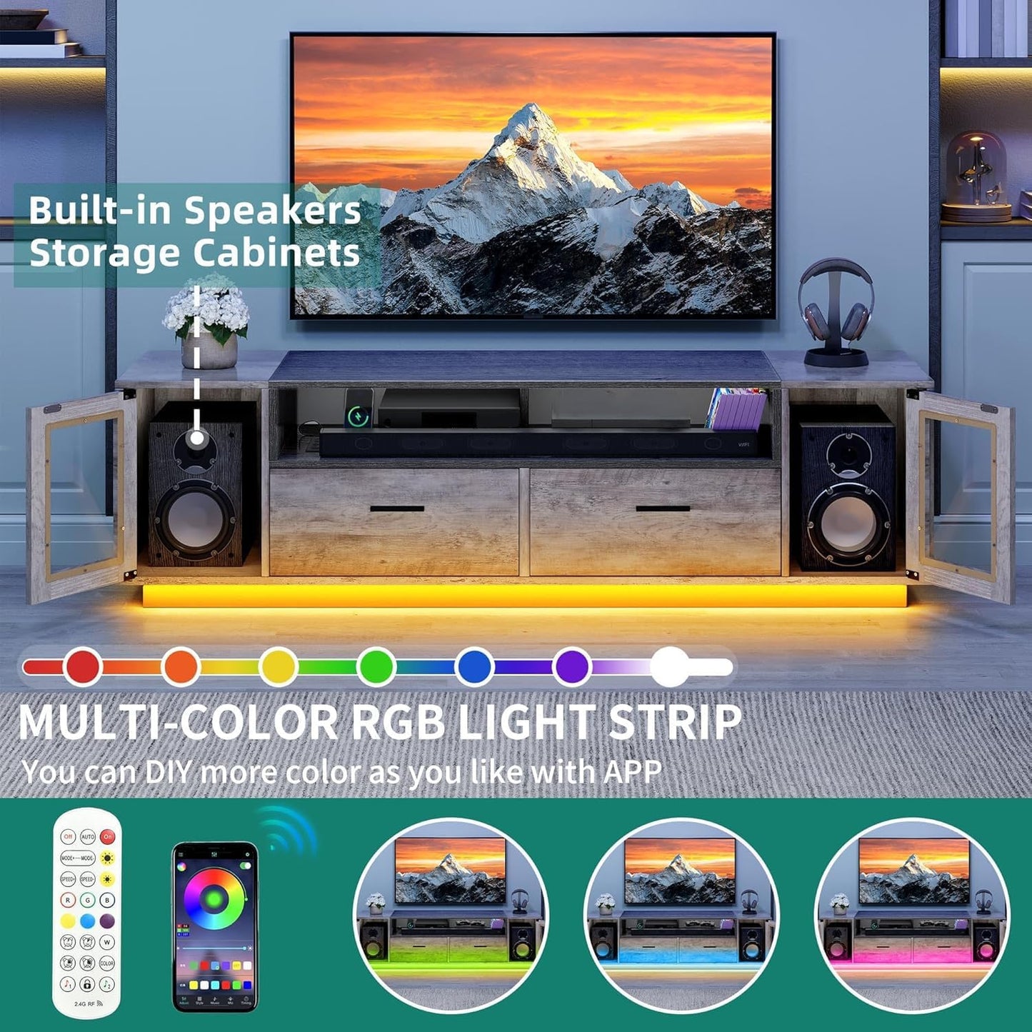 TV Stands for Living Room, Farmhouse TV Stand for 65/70 Inch TV, LED TV Entertainment Center with Storage & Power Outlets, TV Console Cabinet, Rustic Grey