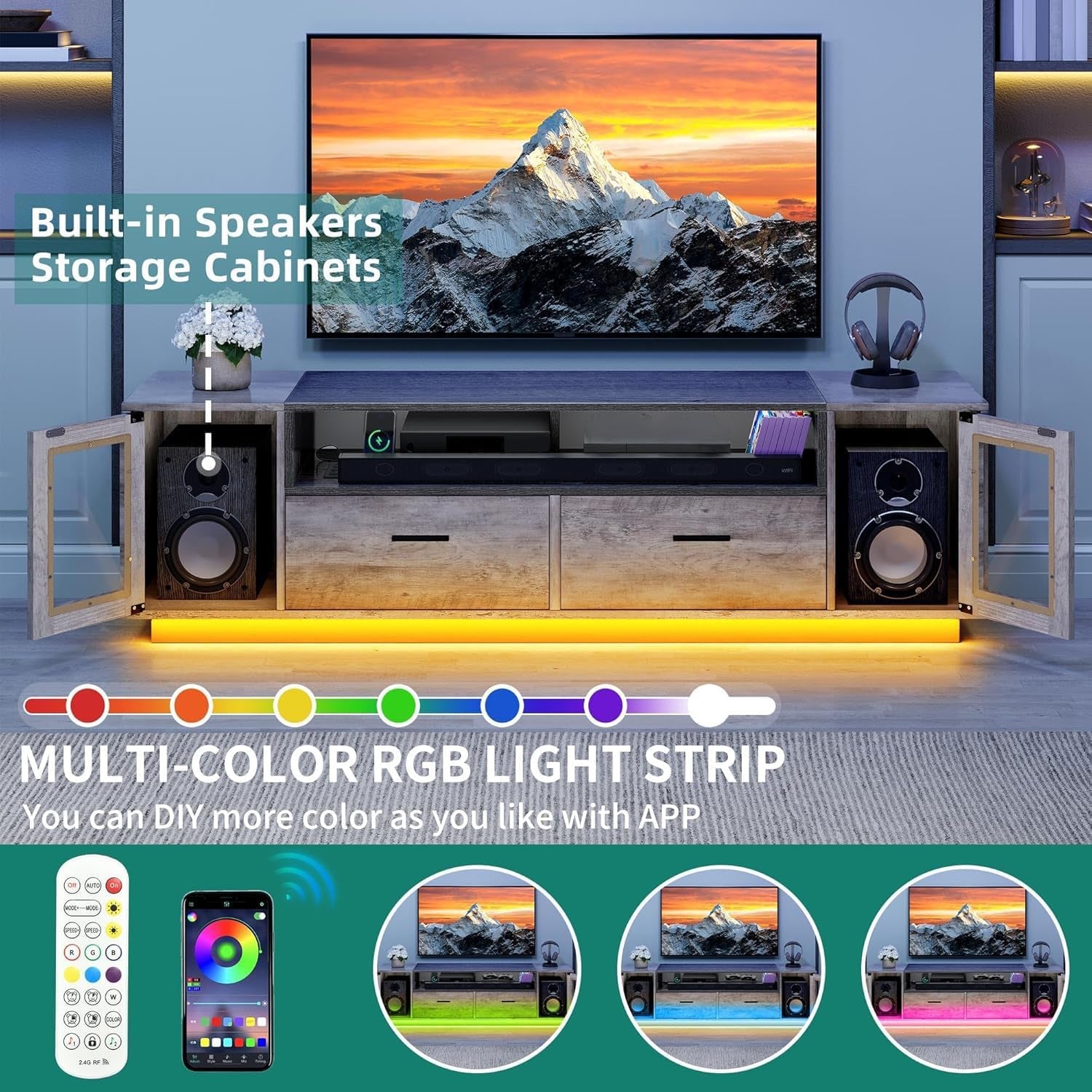 TV Stands for Living Room, Farmhouse TV Stand for 65/70 Inch TV, LED TV Entertainment Center with Storage & Power Outlets, TV Console Cabinet, Rustic Grey