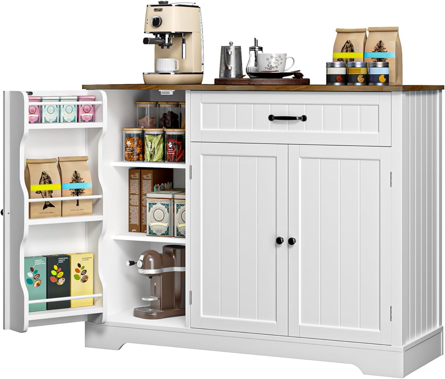 Kitchen Coffee Bar Cabinet with Storage Kitchen Sideboard Buffet Cabinet with Drawers, Short Pantry with Door and Shelves for Bathroom and Living Room, White and Rustic