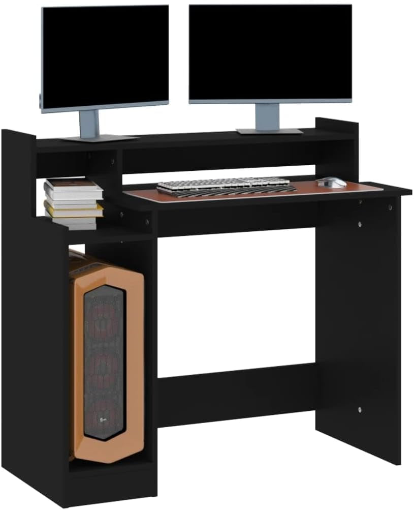 Modern Black Computer Desk, 38.2" L X 17.7" W X 35.4" H, Engineered Wood Gaming Table with Integrated LED Lights, Floating Storage Shelf, Ideal for Home Office Study, USB Plug Included