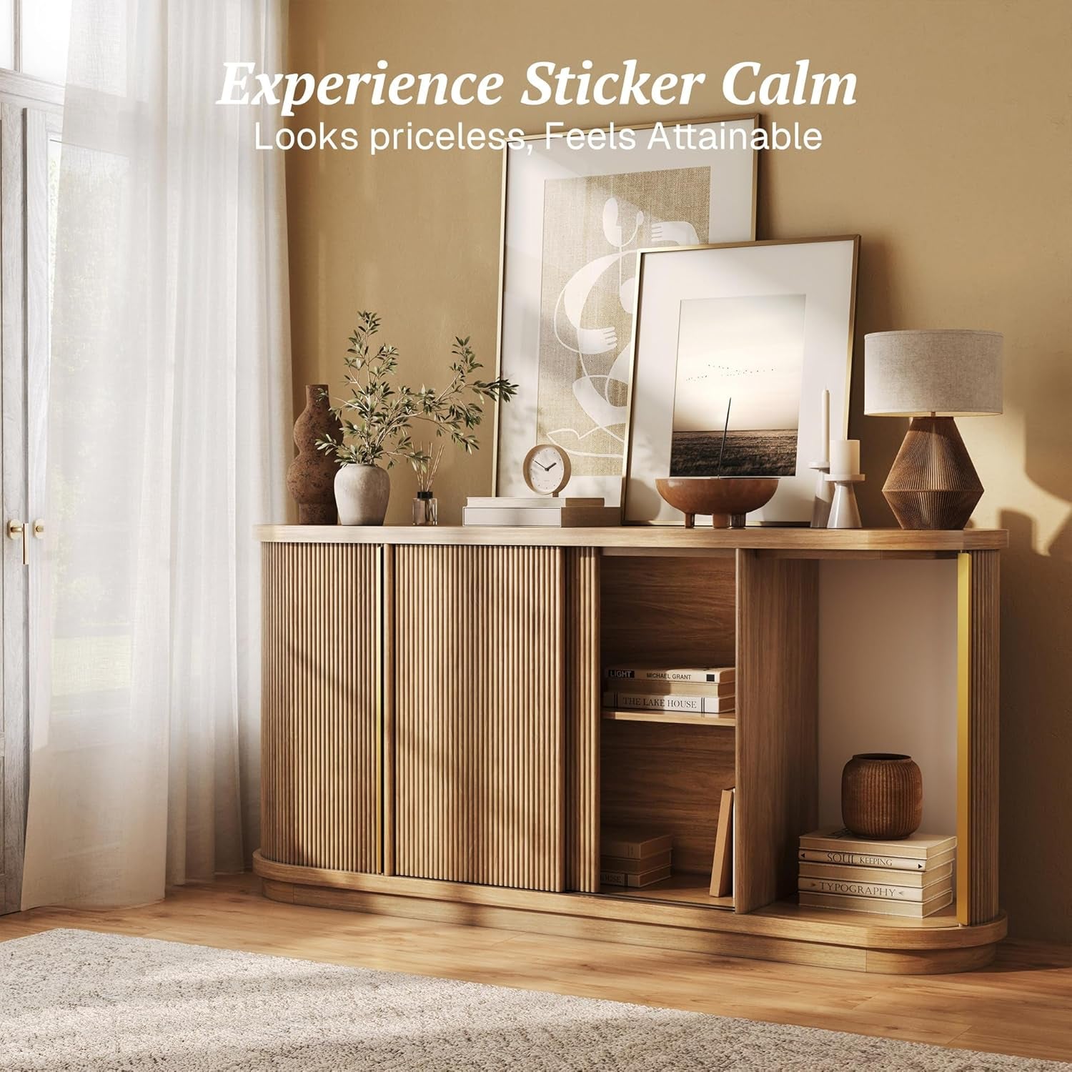 Turin 67" Modern Curved Sideboard with Sliding Tambour Doors - Fluted Wood Buffet Cabinet & Credenza - Oval Media Console with Gold Accents for Dining Room, Living Room, or Entryway (Camel)