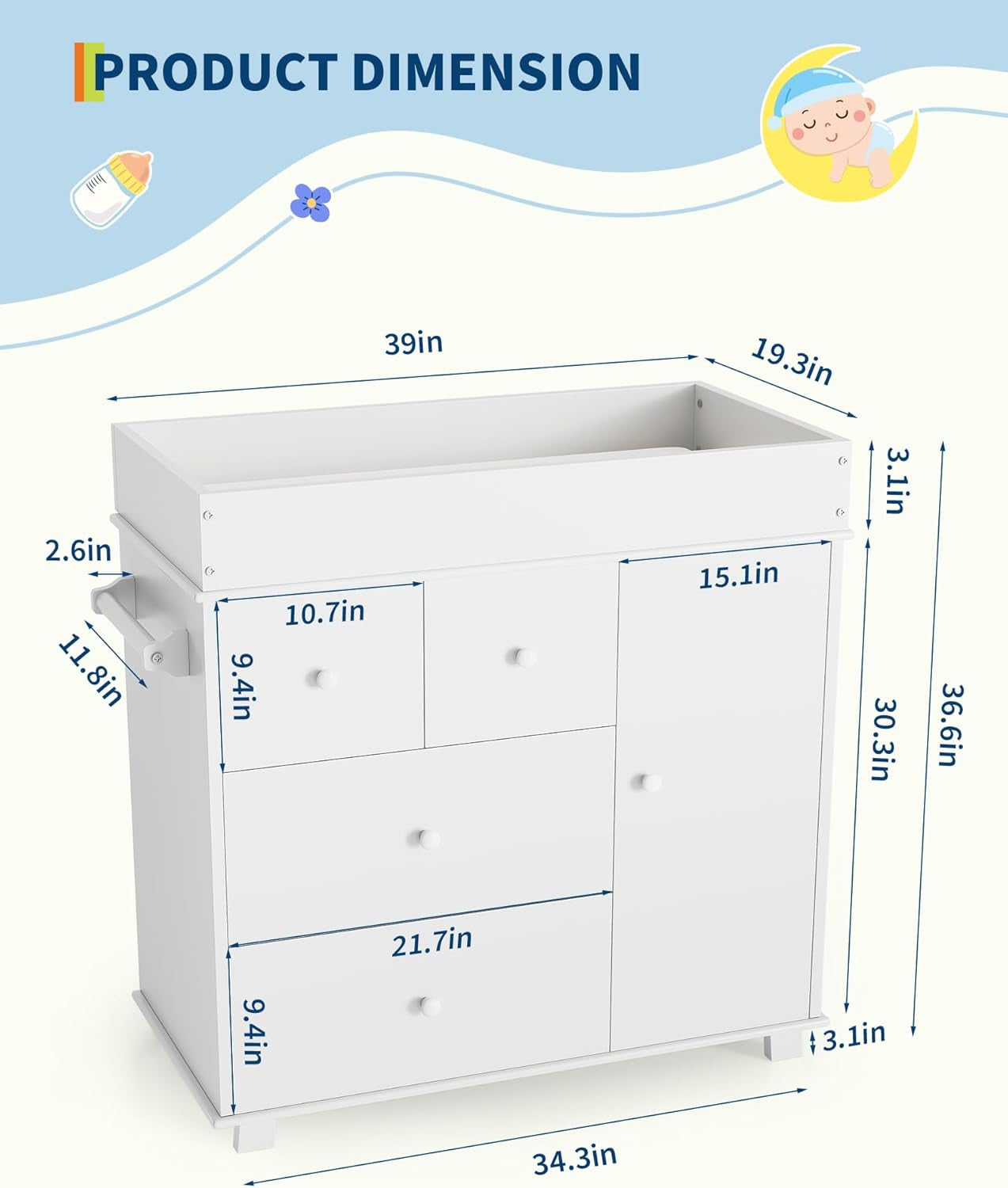 Baby Changing Table Dresser with 5 Drawers, Modern Nursery Dresser with an Open Storage Space, Diaper Changing Station for Bedroom, Kids Room, Baby Room, White