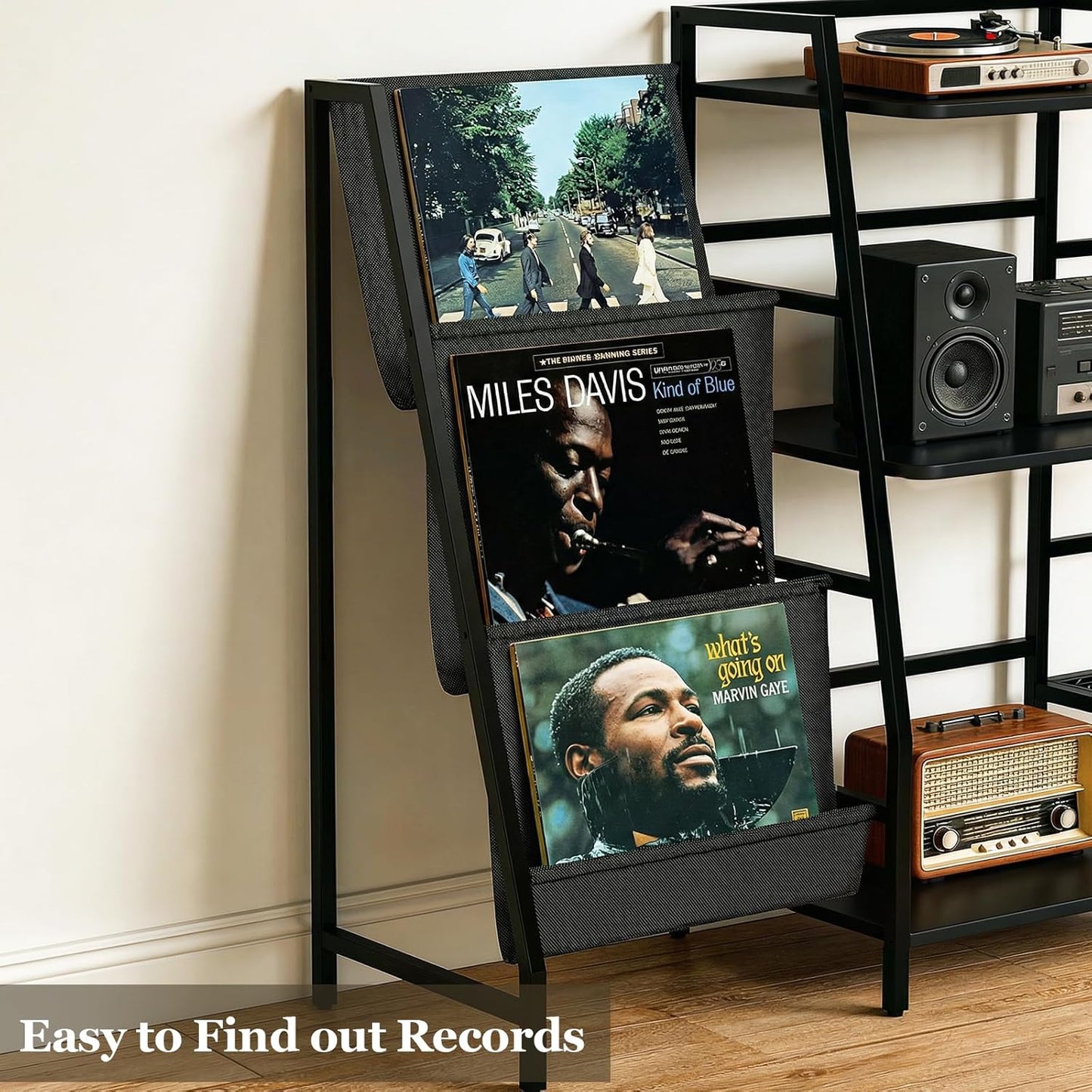 Record Player Stand with LED Lights, Record Player Table with Large Capacity Storage Holds up to 300 Albums, Vinyl Records Stands for Living Room, Turntable Stand Shelf for Albums, Black