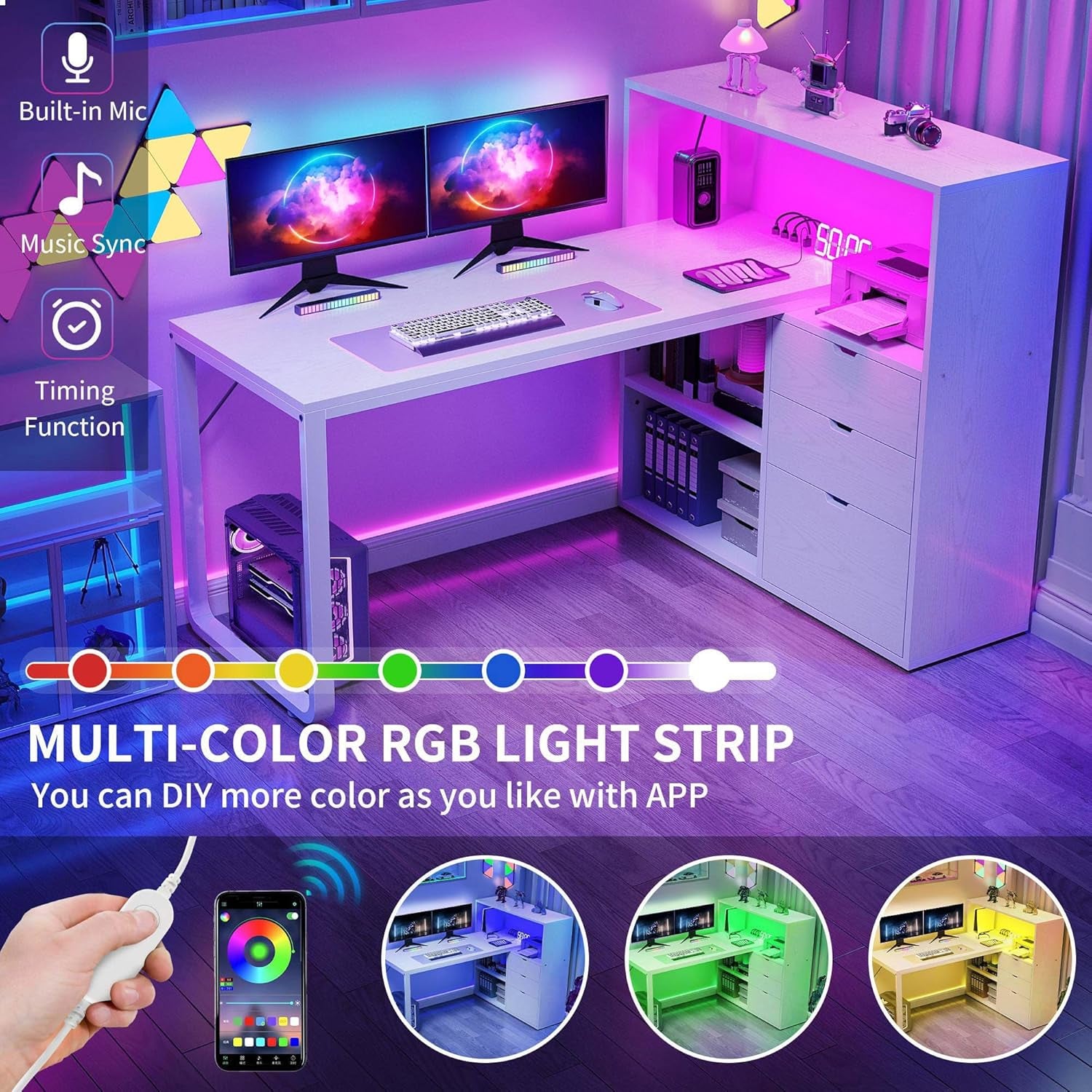 L Shaped Desk with Drawers, 55" Corner Computer Desk with Bookshelf & Power Outlets & LED Lights, Home Office Desk with Storage Shelves, White