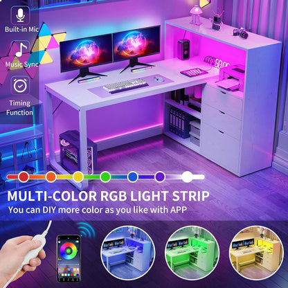 L Shaped Desk with Drawers, 55" Corner Computer Desk with Bookshelf & Power Outlets & LED Lights, Home Office Desk with Storage Shelves, White
