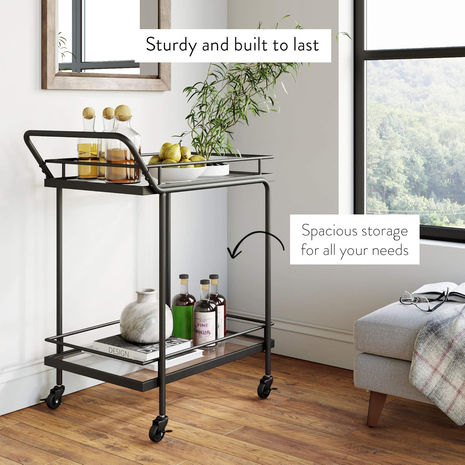 Sally Rolling Bar or Cart for Tea or Cocktail, 2-Tiered Glass and Metal, Black