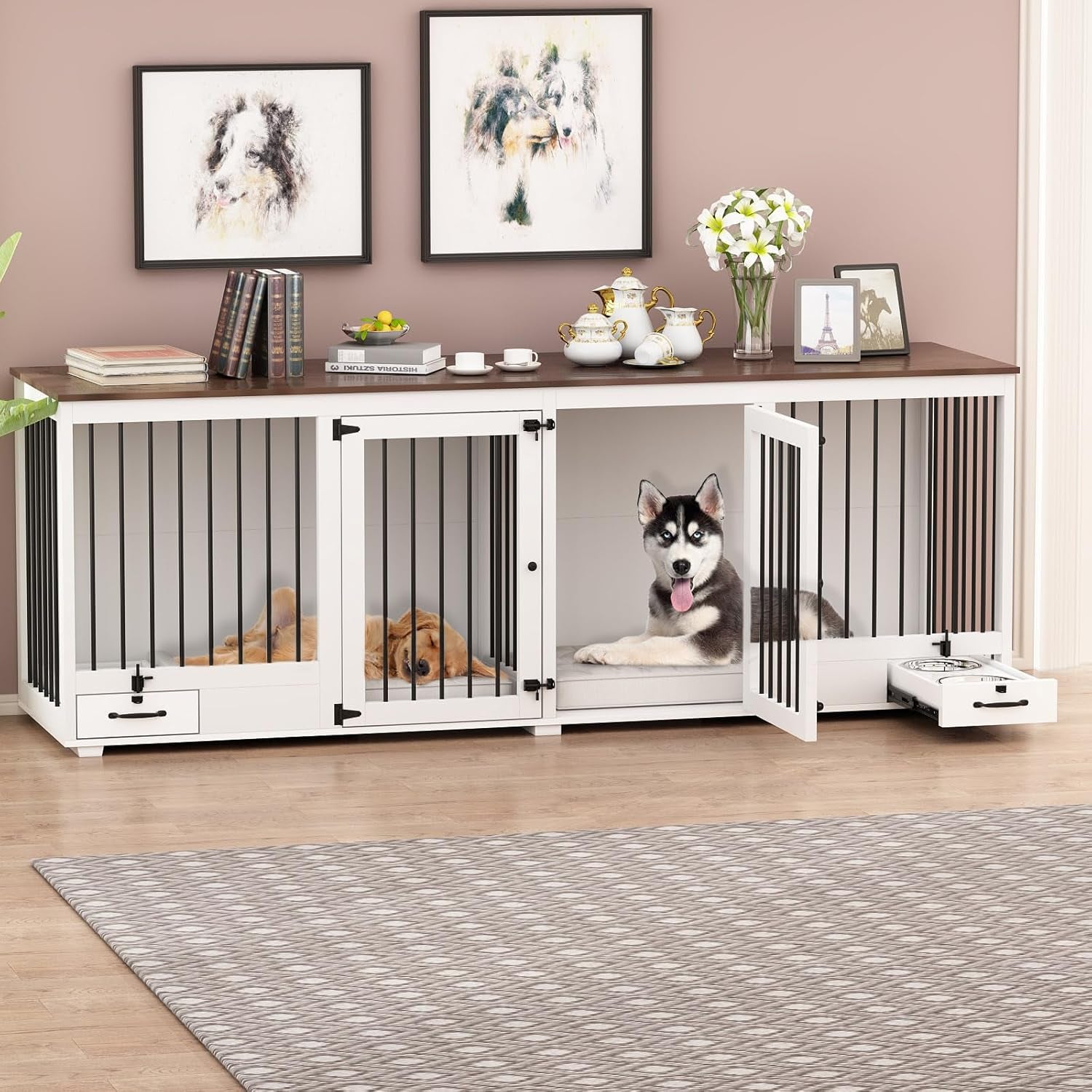 Furniture Style Large Dog Crate for 2 Dogs, 86.6" Heavy Duty Wooden Dog Kennel with Dog Bowl Drawers & Divider, Indoor Furniture Style Dog Kennel for Large Medium Dogs, White