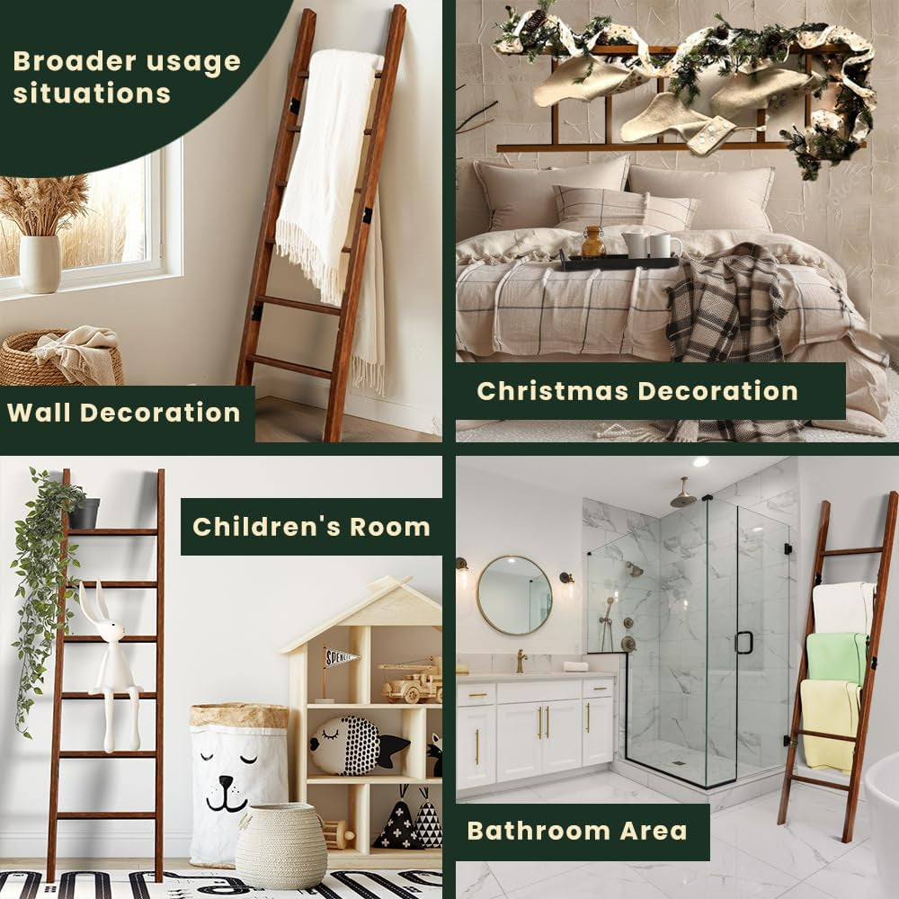 Decorative Wooden Blanket Ladder for the Living Room and Bedroom, 5Ft 8 Inch, Pine Wood Quilt Ladder, 6-Tier Wall Leaning Blanket Rack Stand, Farmhouse Blanket Ladder for Home Décor N Display.(Brown)