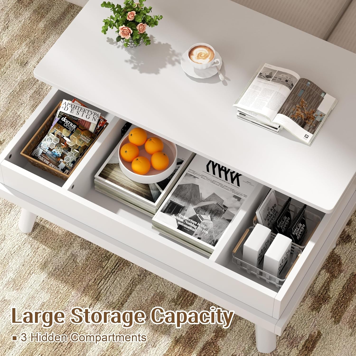 Coffee Table, Lift Top Coffee Table with Hidden Compartment, Rising Tabletop Dining Table, Lift Top Coffee Center Table for for Living Room, Office, Home (White)
