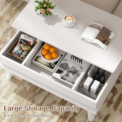 Coffee Table, Lift Top Coffee Table with Hidden Compartment, Rising Tabletop Dining Table, Lift Top Coffee Center Table for for Living Room, Office, Home (White)