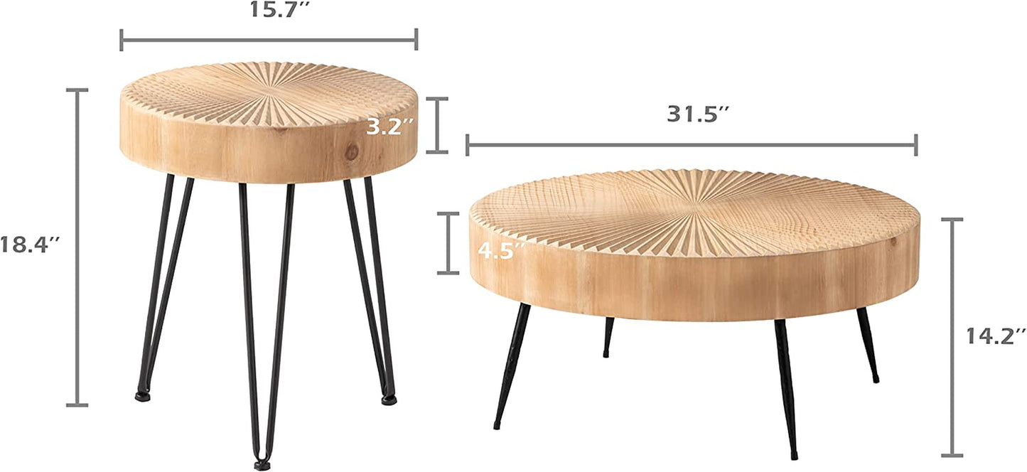 2-Piece Farmhouse Nesting Table round with Handcrafted Wood Radial Pattern, Modern Coffee Table Set for Living Room