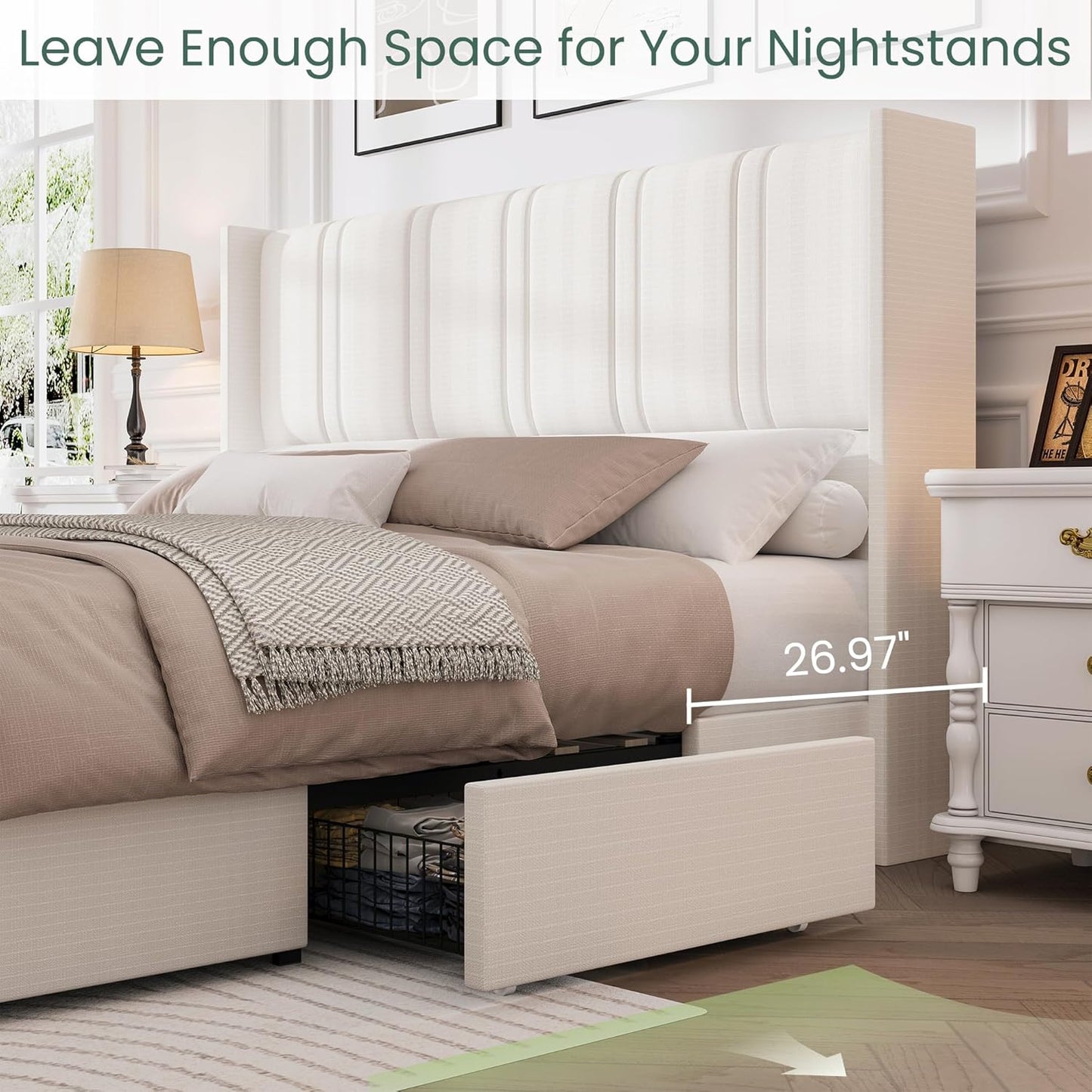 Queen Size Bed Frame with 4 Storage Drawers and Wingback Headboard Linen Upholstered Platform Bed Frame with Wooden Slats, Easy Assembly, White