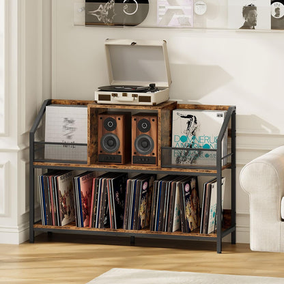 43" Vinyl Record Storage Holder, Large Record Player Table, Holds up to 400 Albums, Vinyl Record Player Display Stand, Removable Dividers, for CD, Audio Equipment Storage, Rustic Brown TCW77BF