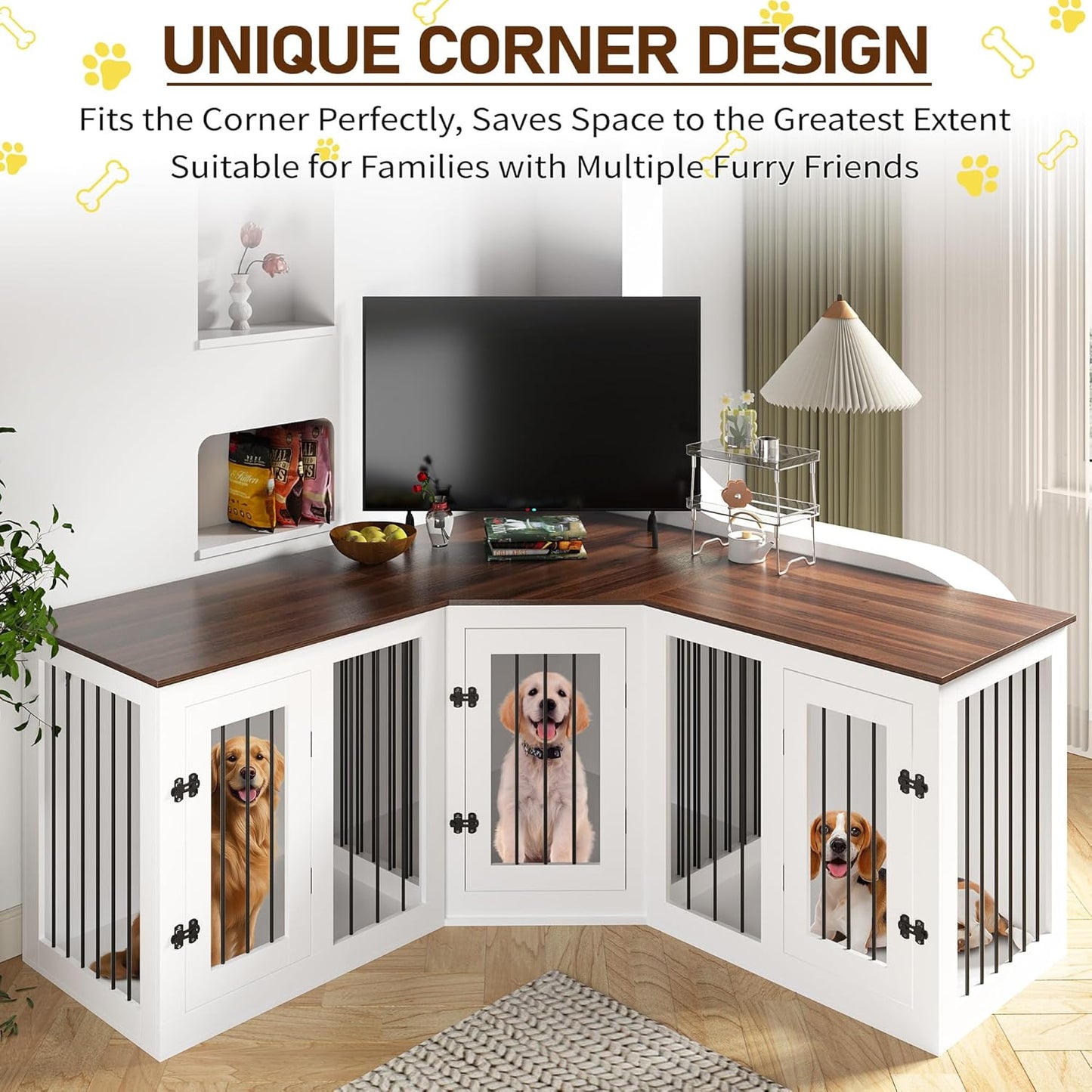 Large Dog Crate Furniture for 3 Dogs, 113'' Corner Dog Crate with Divider, 3 in 1 Heavy Duty Indoor Wooden Dog Kennel Furniture for Small Medium Large Dogs, White
