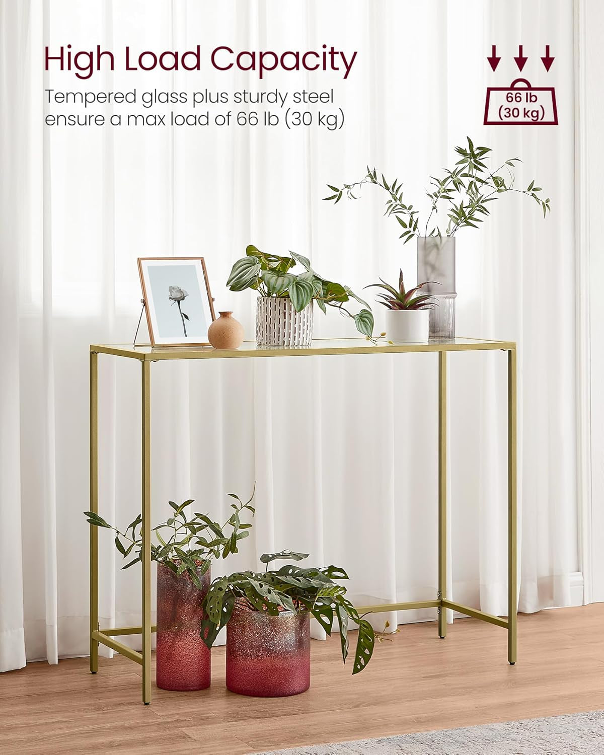 Entryway Table, Console Table, Tempered Glass Tabletop, Modern Sofa Table, Easy Assembly, with Adjustable Feet, for Living Room, Entryway, Pale Gold and Transparent ULGT132A01