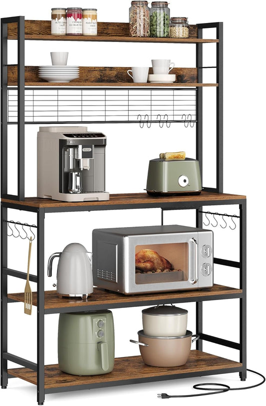 Hutch Bakers Rack with Power Outlet, 14 Hooks Microwave Stand, Adjustable Coffee Bar with Metal Wire Panel, Kitchen Storage Shelf, 15.7 X 39.4 X 66.9 Inches, Rustic Brown and Black UKKS038B01