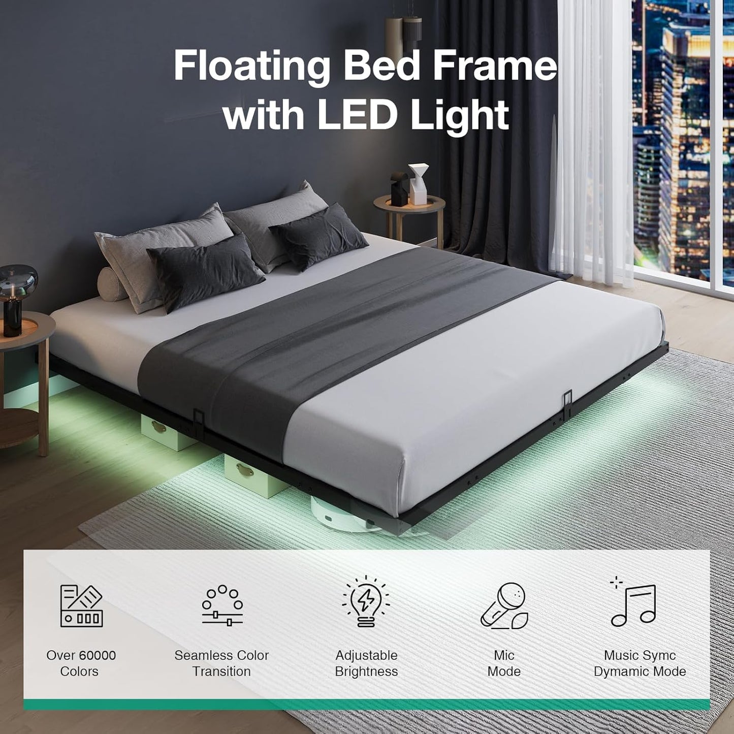 Floating Bed Frame with LED Lights, Modern Platform King Size Bed Frame with Mattress Slide Stopper, Easy Assembly, No Box Spring Needed, Noise Free