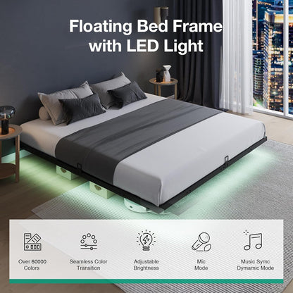 Floating Bed Frame with LED Lights, Modern Platform Full Size Bed Frame with Mattress Slide Stopper, Easy Assembly, No Box Spring Needed, Noise Free