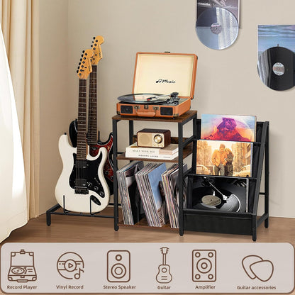 Record Player Stand, Adjustable Guitar Stand for Acoustic Guitar, Electric Guitar, Bass, Turntable Stand with Vinyl Display Shelf Storage up to 150 Albums,Brown End Table for Music Room