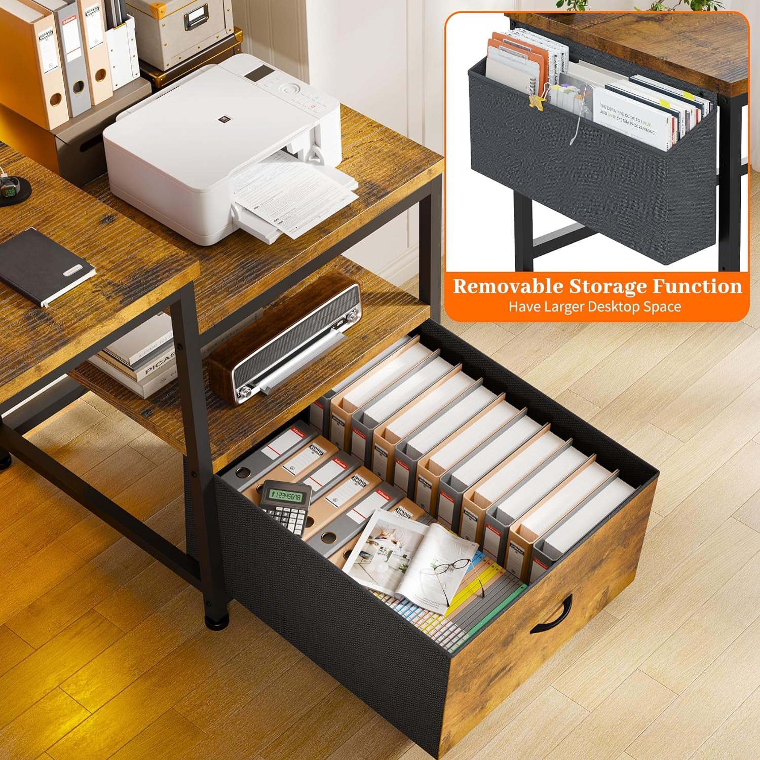 57" Office Desk with Drawers and Printer Space,Computer Desk with Power Outlets,Home Office Desks with File Drawers Cabinet,Study and Gaming Desk with Shelves Monitor Stand,Rustic Brown