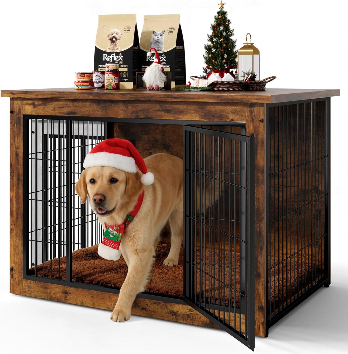Dog Crate Furniture with Thick Cushion, Side End Table Wooden Dog Cage with Double Doors, Chew-Resistant Dog Kennel Dog House Indoor for Small to Large Dog