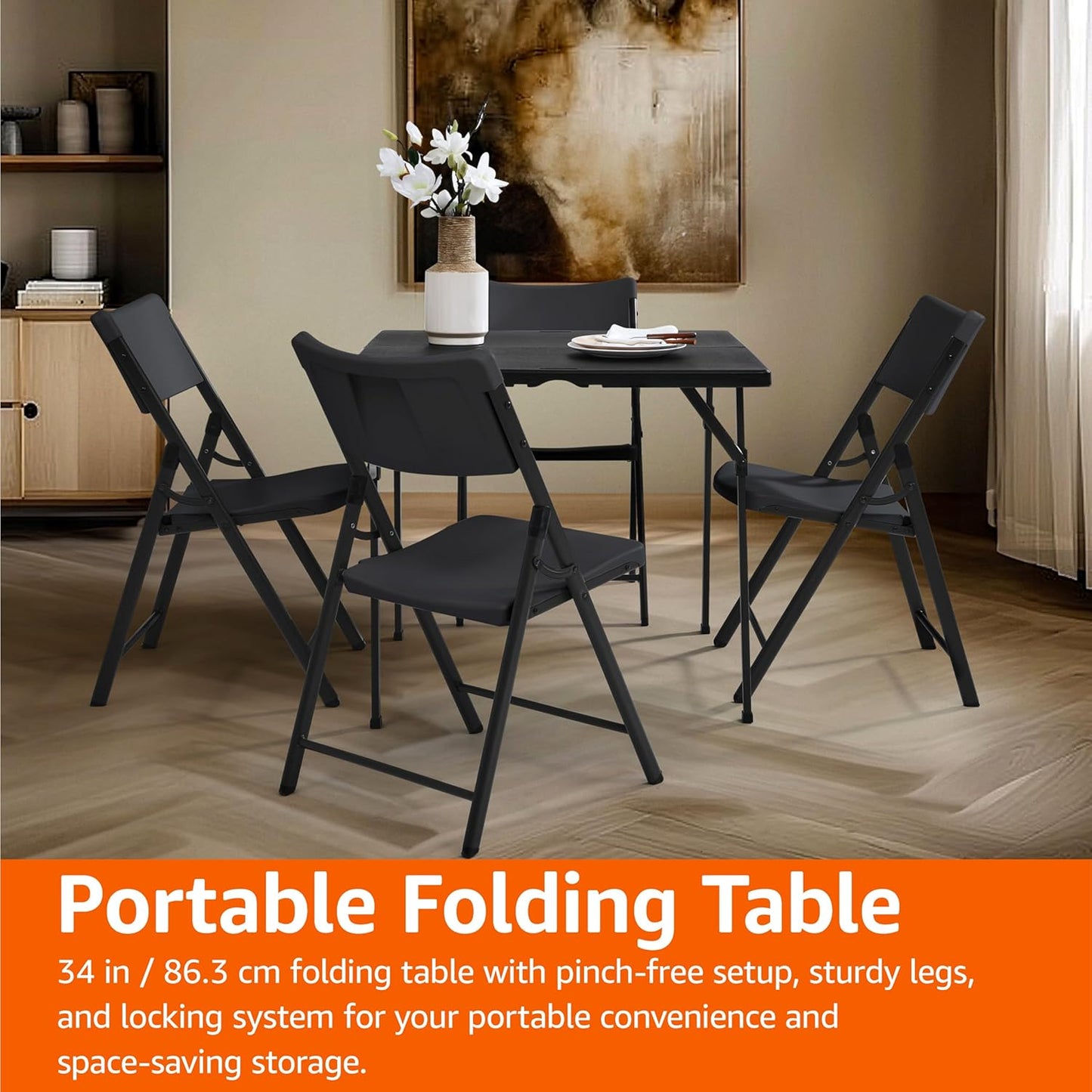 34 Inch Portable Folding Dining Table with Carrying Handle, Black, 33.9 X 29.1 X 33.9 Inch, Square