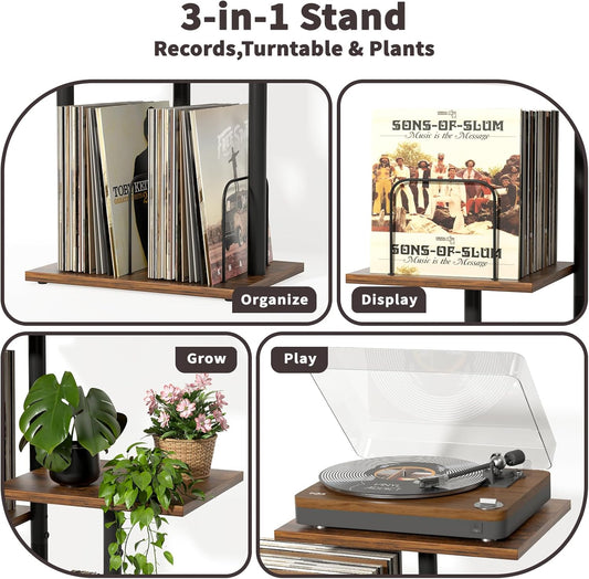 Botanical Record Player Stand with Vinyl Storage, Wood Turntable Table Furniture with LP Record Shelf, Record Album Organizer & Display for Small Spaces, Apartments, Bedroom, Living Room