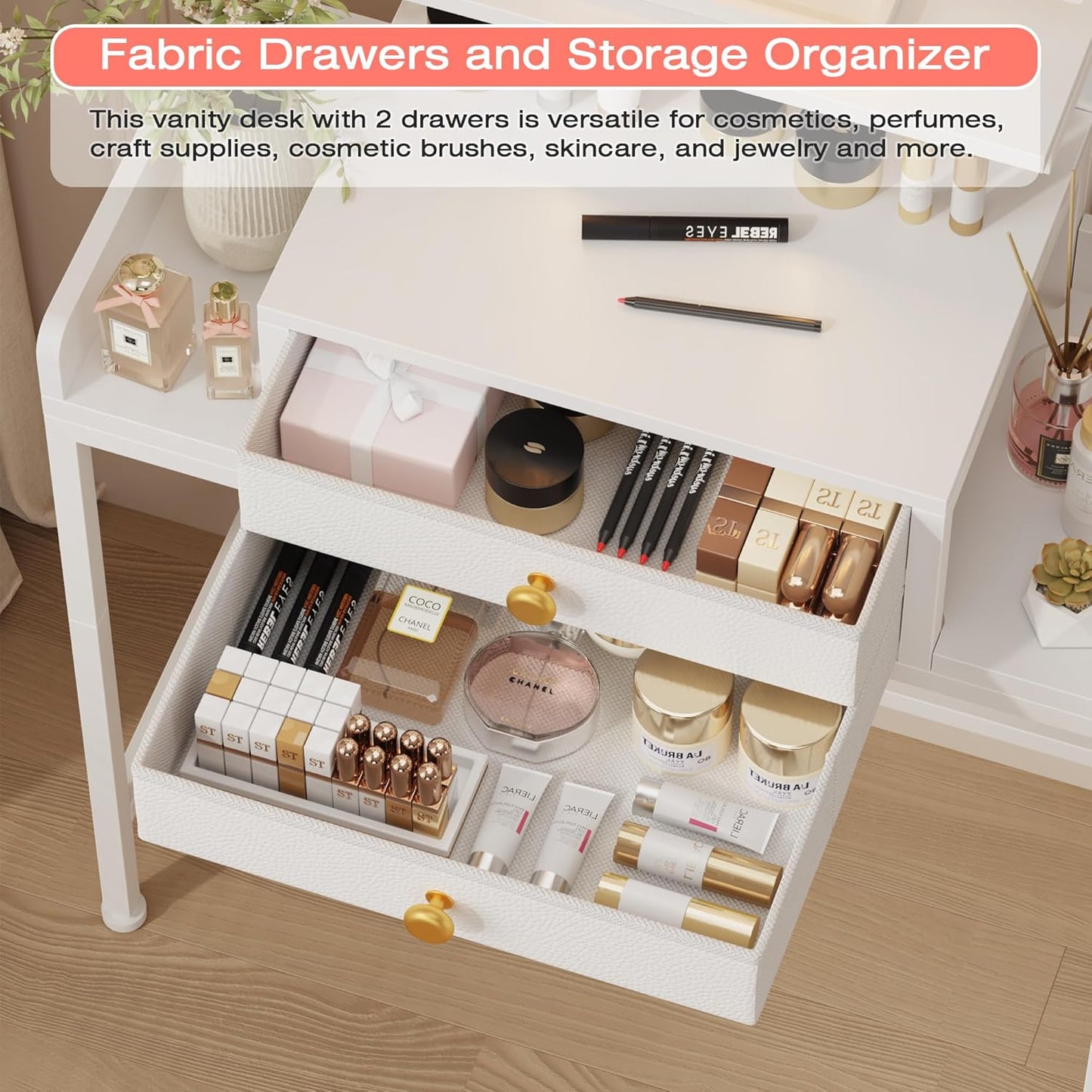 Vanity Desk with Mirror and Lights, 28.4''W Small Makeup Vanity Table with Height-Adjustable Stand, 2 Fabric Drawers Compact Makeup Desk, Gift for Girls, Bedroom Small Space, White