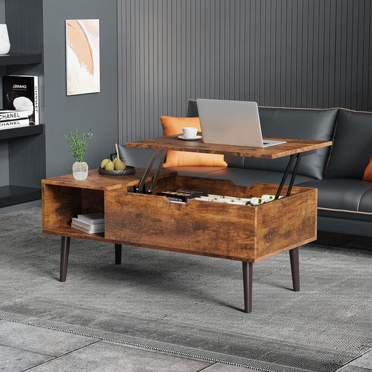 Lift Top Coffee Tables for Living Room, Small Rising Wooden Center Tables with Storage Shelf and Hidden Compartment, Brown