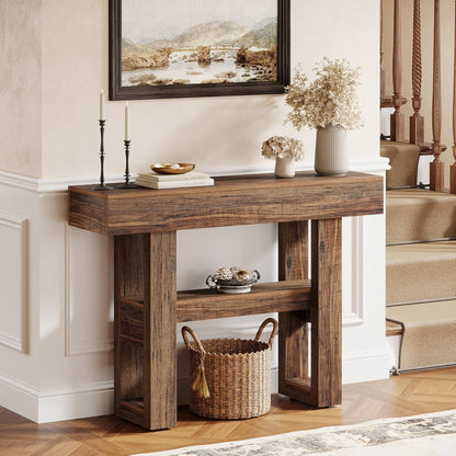 41.34-Inch Farmhouse Console Table, 2-Tier Narrow Sofa Table behind the Couch, Entryway Furniture with Storage Shelves for Hallway Foyer Living Room, Light Brown