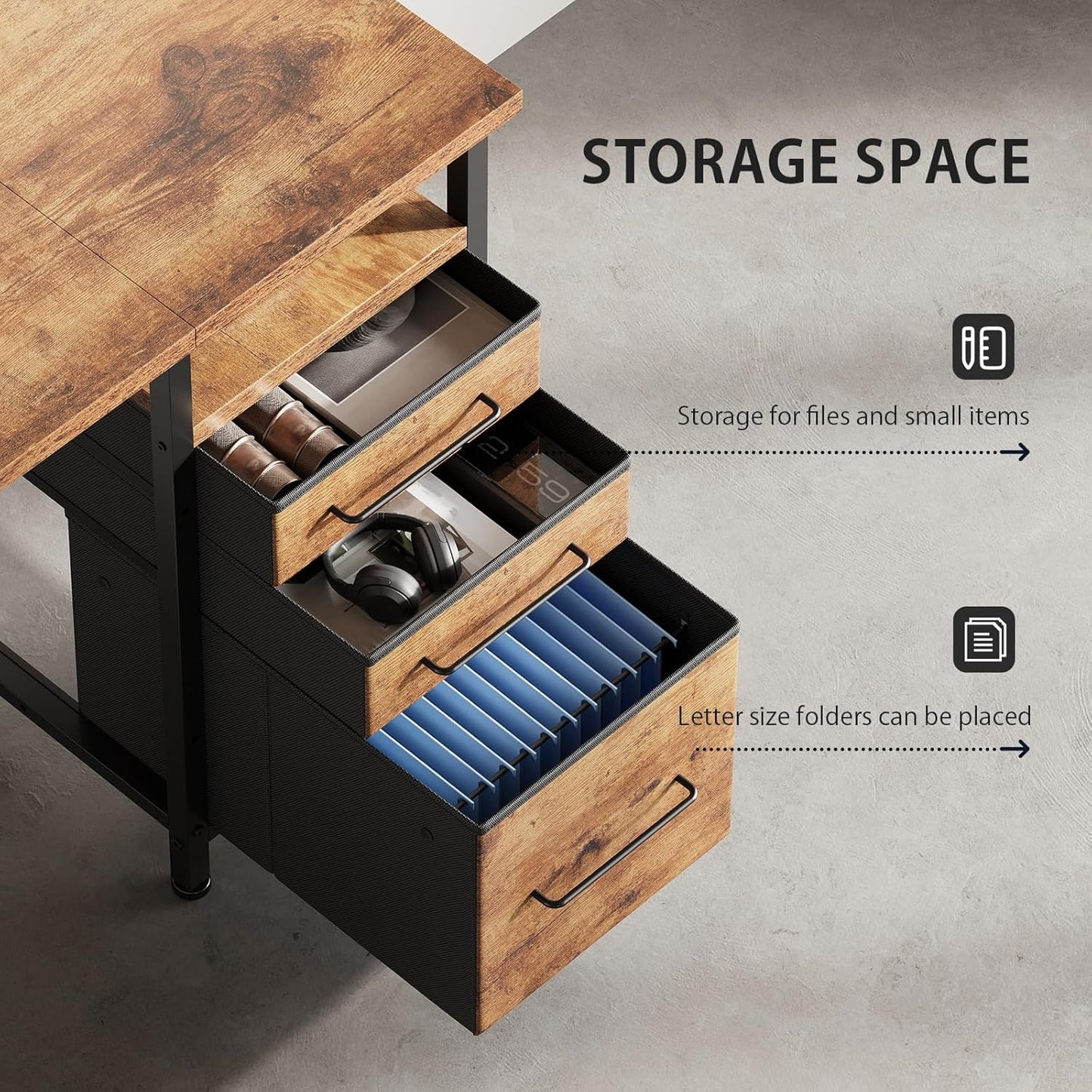 47" Computer Desk with Drawers, Desks for Bedrooms, Writing Desk with Storage, Work Desk for Small Space, Rustic Brown