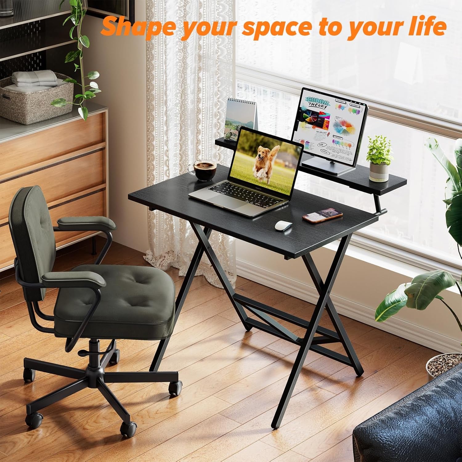 Folding Computer Desk with Adjustable Height, 23.6" X 31.5" X 25.6" Foldable Table with Monitor Stand, Small Office Desk for Bedroom, Space Saving Desk for Home Office, Easy Assemble, Black