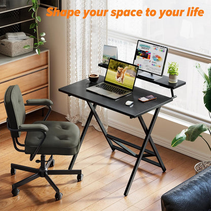 Folding Computer Desk with Adjustable Height, 23.6" X 31.5" X 25.6" Foldable Table with Monitor Stand, Small Office Desk for Bedroom, Space Saving Desk for Home Office, Easy Assemble, Black
