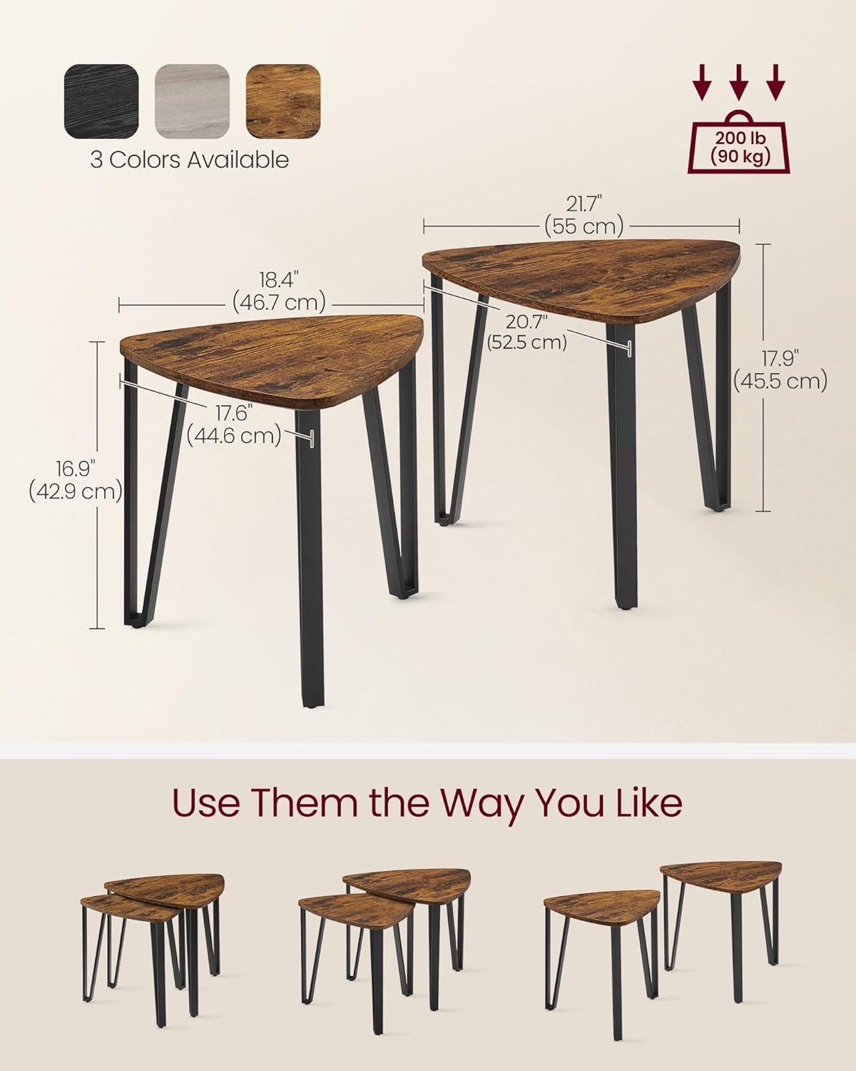 Nesting Coffee Tables, End Tables Set of 2 for Living Room Bedroom, Industrial Small Stacking Side Tables with Metal Frame for Couch, Heather Greige and Black ULET013B02