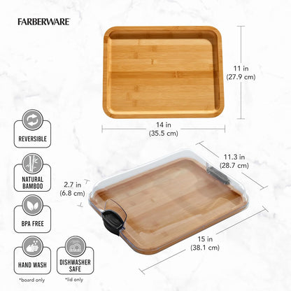 Build-A-Board Bamboo Cutting Board with Single Storage Compartment, Clear Locking Lid, Black Handles, Perfect for Charcuterie & Snacks