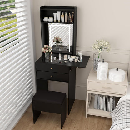 Small Vanity Desk Set with 3 Adjustable Lighted Mirror and Storage Chair Mini Black Makeup Vanities Set for Bedroom Compact Make up Dressing Table with Fold-Up Panel for Tiny Space