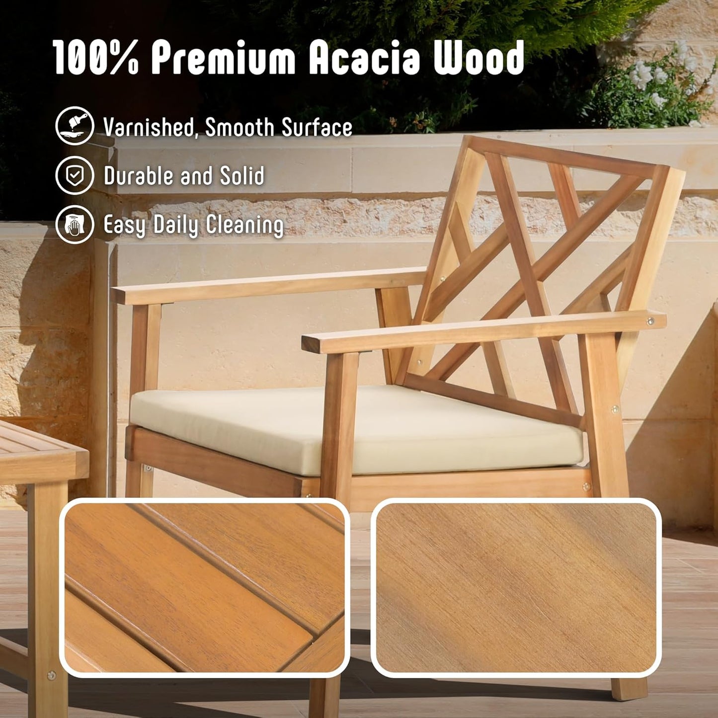 3 Piece Outdoor Patio Furniture Set, Wooden Conversation Patio Set with Padded Cushion Chairs and Coffee Table, Acacia Wood Lounge Conversation Set for Porch Balcony Deck Backyard