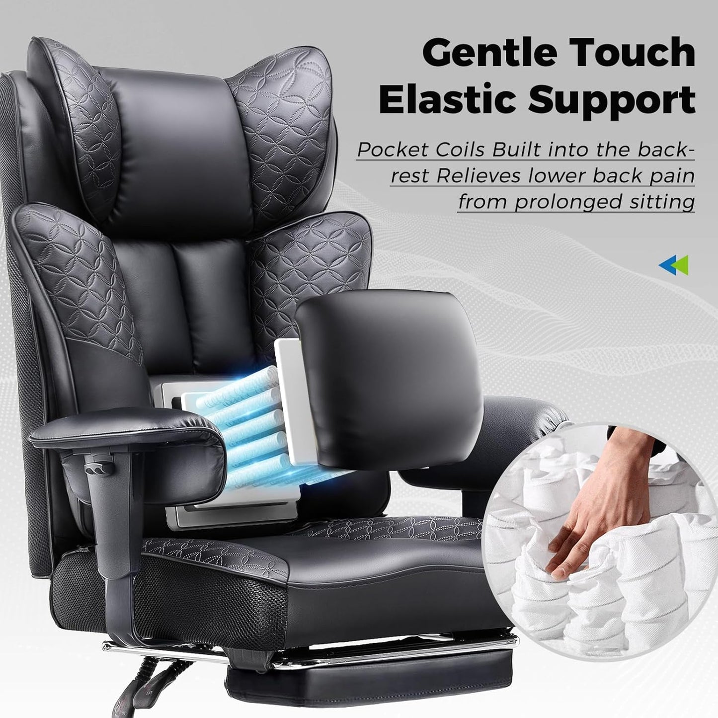 Big and Tall Office Chair 400LBS Wide Ergonomic Gaming Chair with Deluxe Embossing Designed Leather with Foot Rest,150°Reclining Adjustable Soft Armrests Pocket Spring Back Support and Pillow