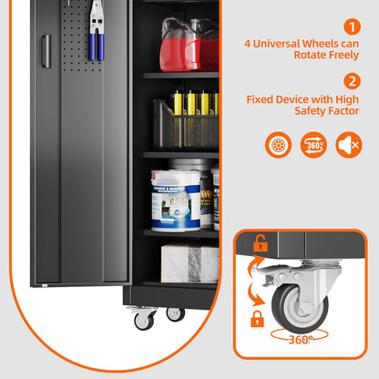 Garage Storage Cabinet with Wheels Pegboard and 5 Adjustable Shelves, 71'' X 32'' X 16''Metal Lockable Cabinet with Magnetic Doors,Tool Storage,Home Office Garage,Gym,School (Black)