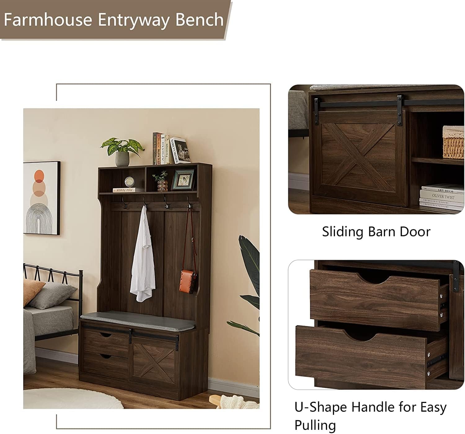 Hall Trees with Bench and Coat Racks, Farmhouse 71 Inch Entryway Bench with Sliding Barn Door, Wood Coat Tree Mudroom Storage Benches with Drawers (Walnut)