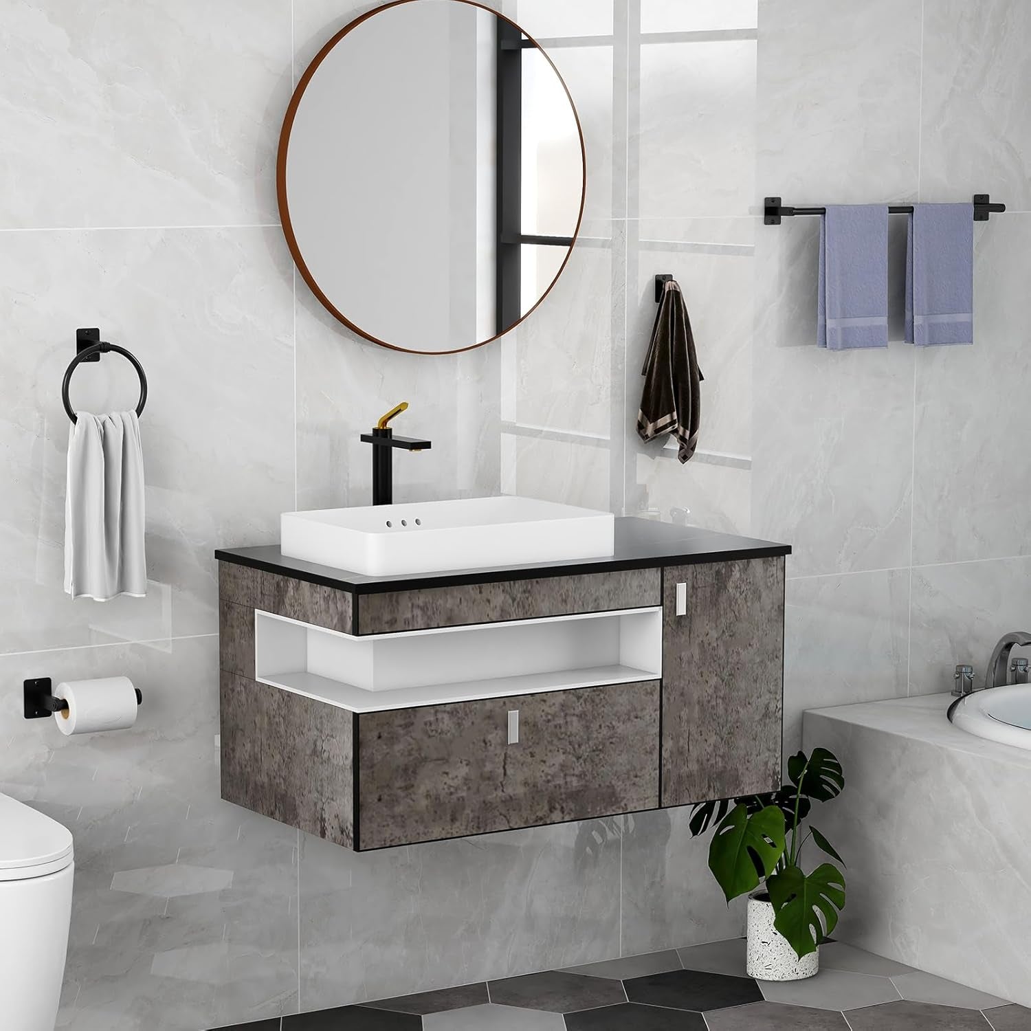 Matte Black Bathroom Accessories Set,  4 Pieces Bathroom Hardware Set, 24 Inch Towel Bar, Towel Racks for Bathroom, Robe Towel Hooks, Toilet Paper Holder Wall Mounted