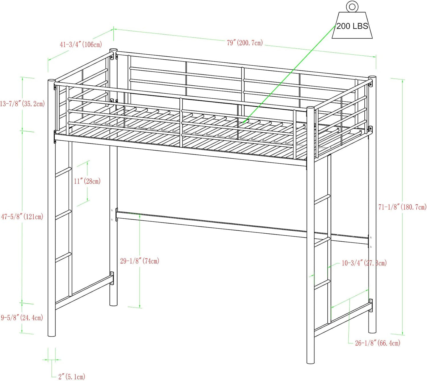 Timothee Urban Industrial Metal Twin over Loft Bunk Bed, Twin Size, Black