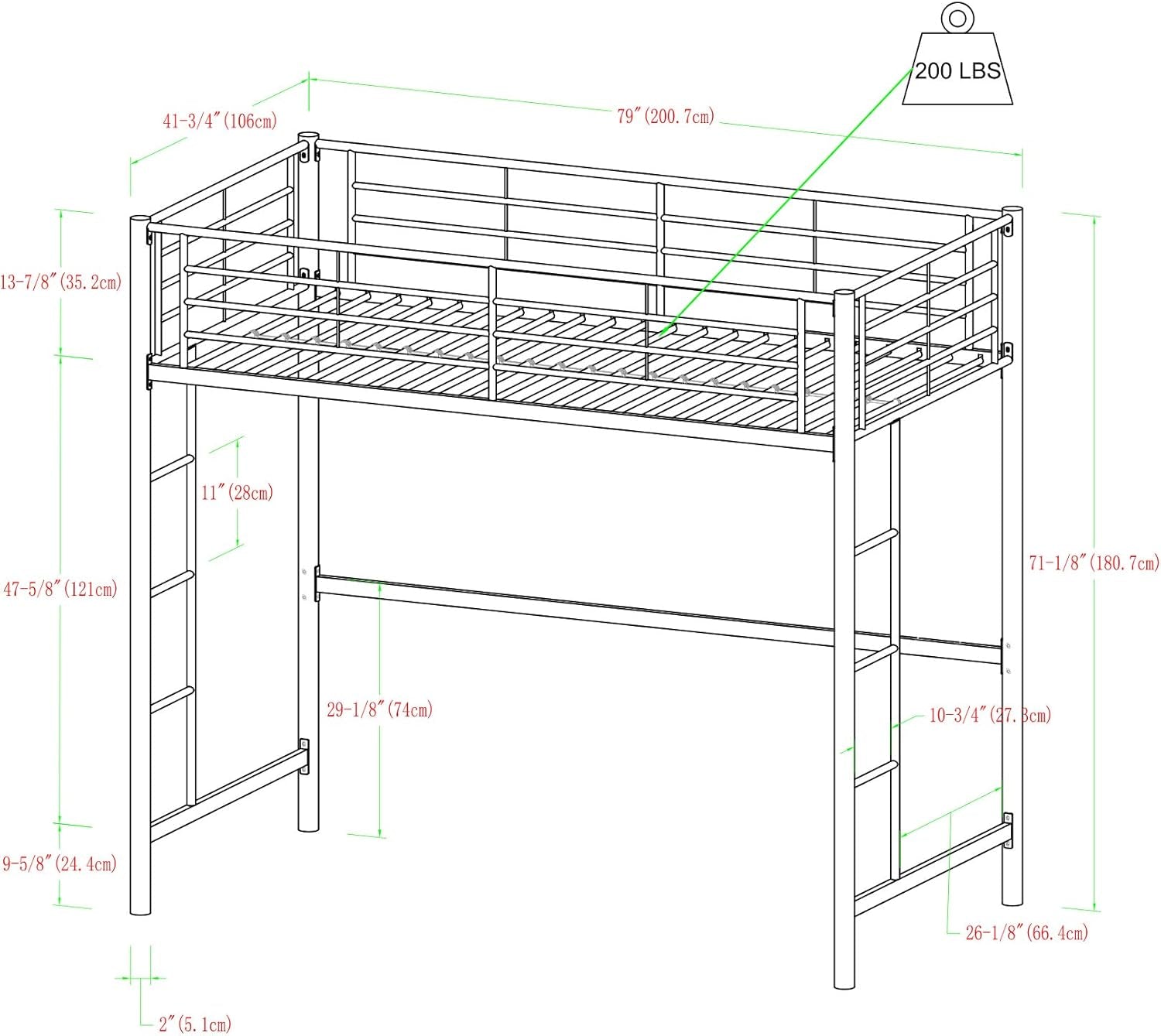 Timothee Urban Industrial Metal Twin over Loft Bunk Bed, Twin Size, Black
