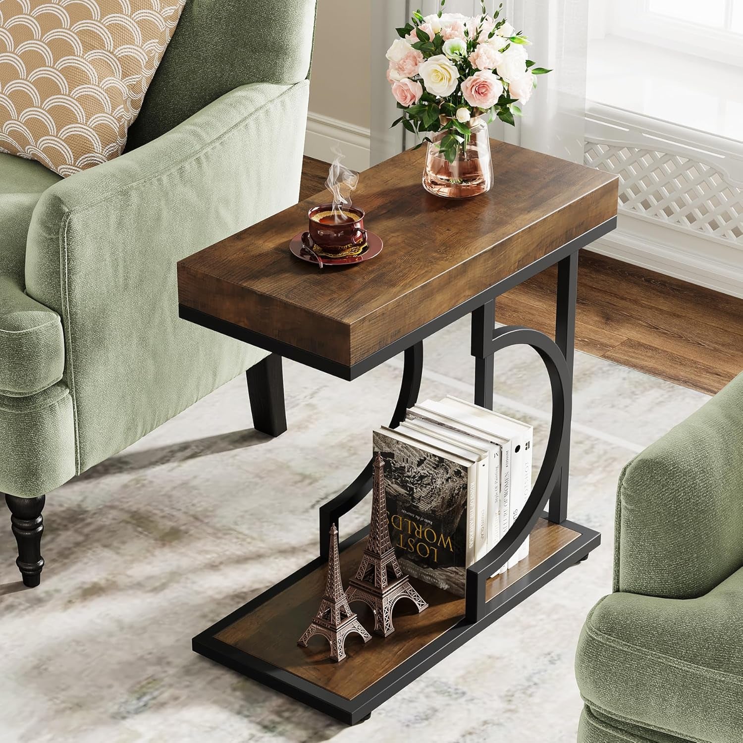 Narrow Side Table Brown Black C Shaped End Table Modern Bedside Tables for Couch, Small Sofa Tables with Metal Frame for Living Room (1, Brown+Black)